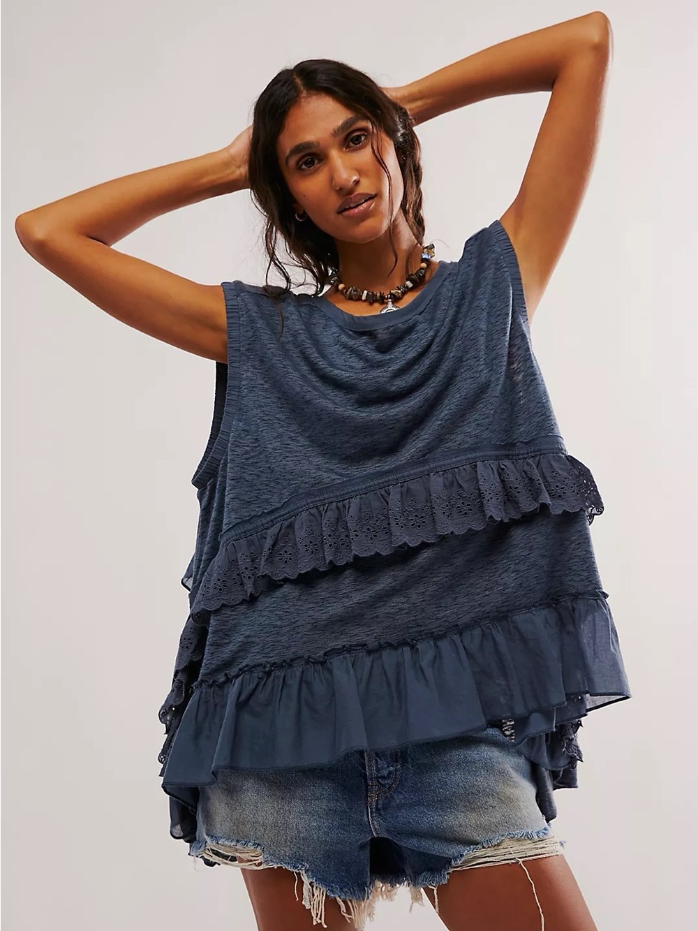 $128 PRE-OWNED Free People Blue Claire Ruffled Tiered Boat-Neck Tee XS